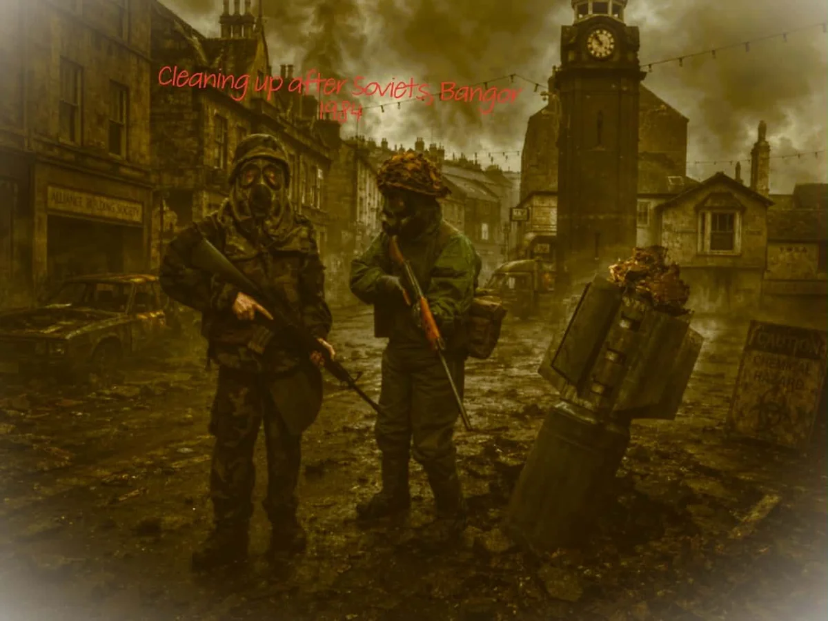 Two soldiers in respirators stand in a wrecked town square before a clock tower, one in disruptive-pattern camouflage with a rifle, spent munition casings upright in the mud beside them and a chemical hazard warning board at the roadside.