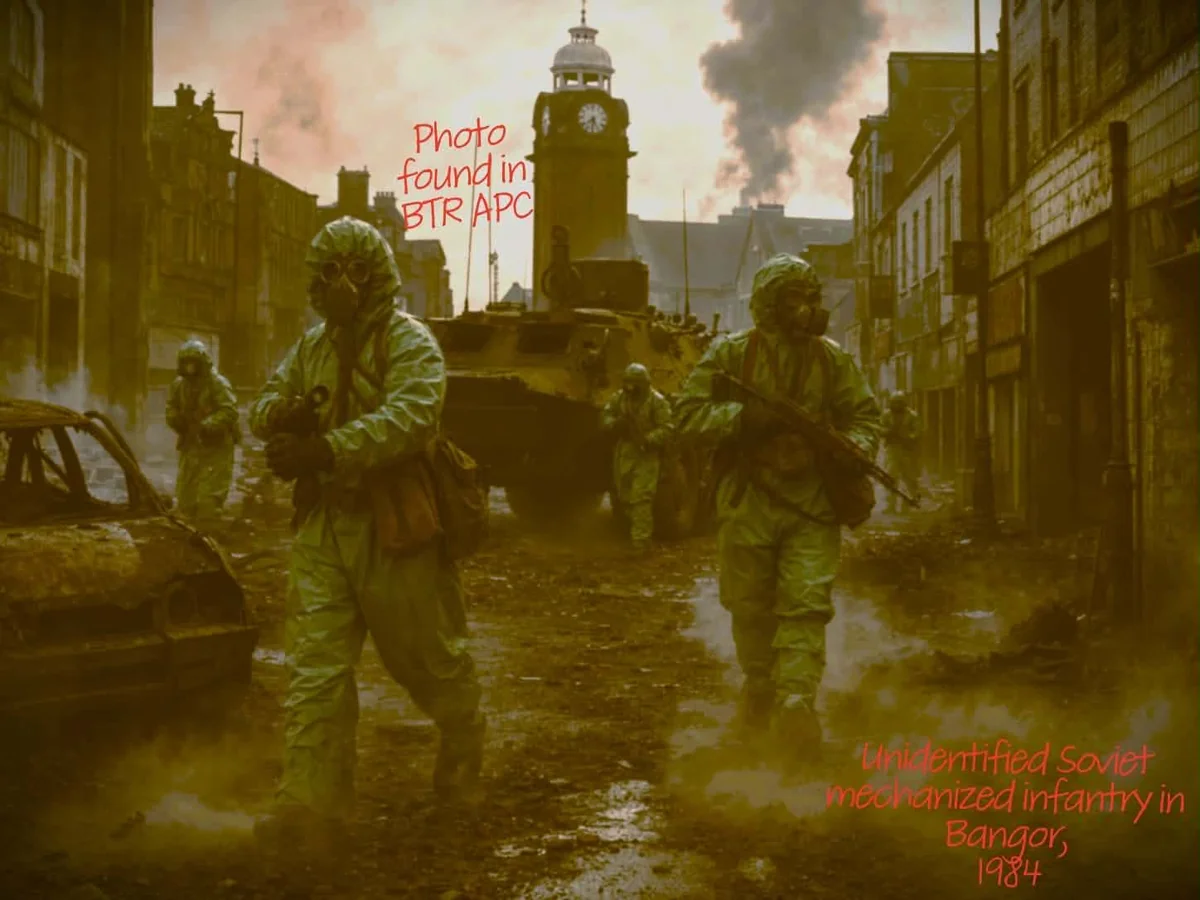 Soldiers in full protective suits and respirators advance up a ruined high street past a wheeled armoured personnel carrier, a clock tower behind them and smoke over the rooftops.