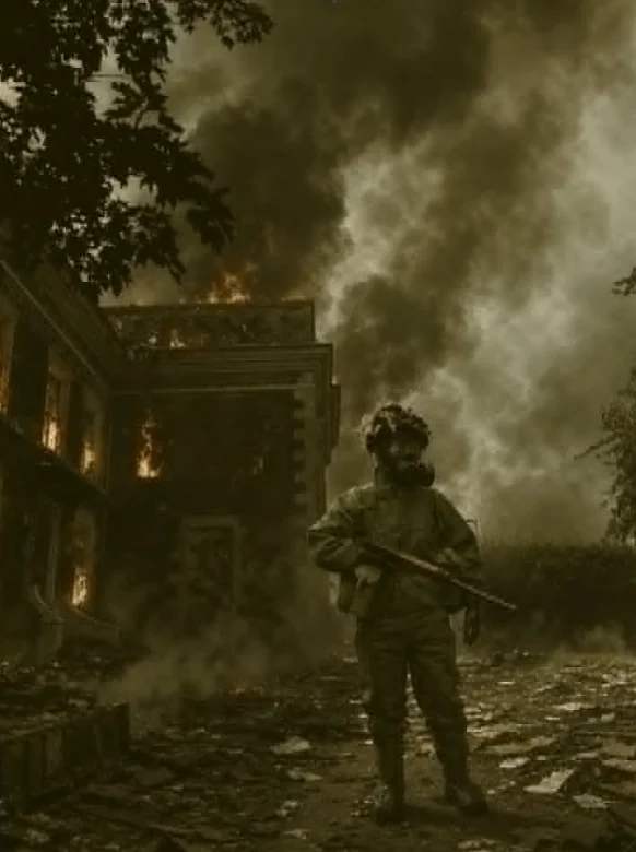 A lone figure in a respirator and coveralls stands with a rifle before a large stone house well alight, thick smoke rising, the ground in front strewn with debris.