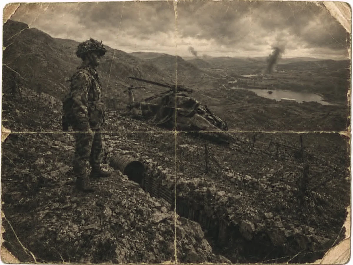 A creased and worn photograph of a soldier standing on a ridge above a valley and a lake, a helicopter with drooping rotors on the slope below, two columns of smoke rising in the distance, and a trench with a corrugated shelter and wire in the foreground.