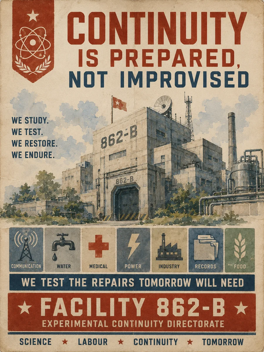 Poster: Continuity Is Prepared, Not Improvised, showing the 862-B facility buildings above a strip of service pictograms.