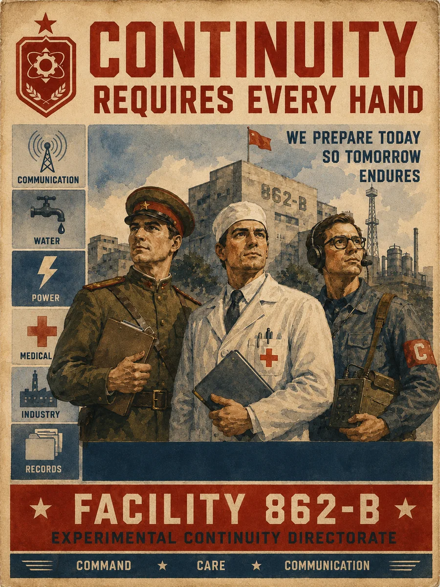 Poster: Continuity Requires Every Hand. An officer, a doctor and an engineer stand before the facility, with a column of service pictograms down the left.