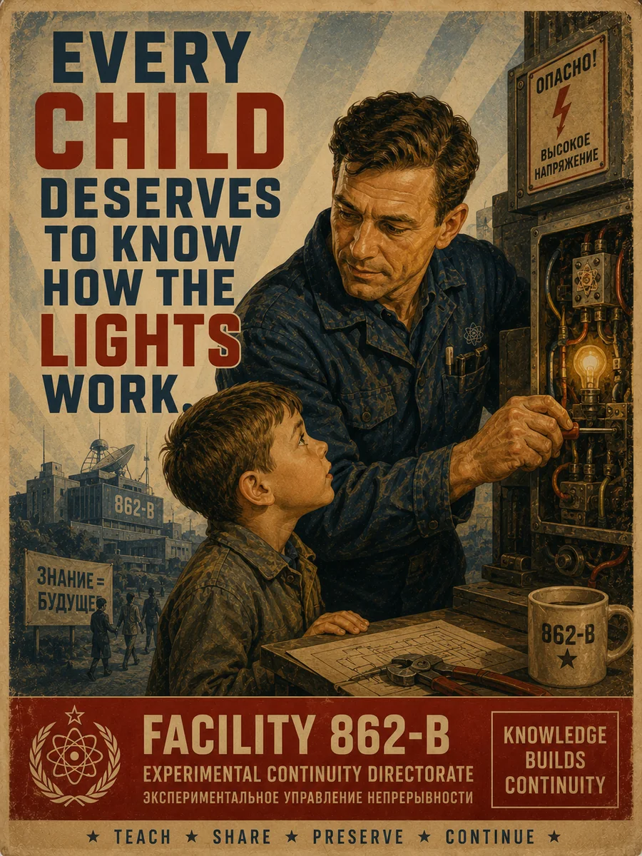Poster: an engineer showing a boy the wiring of a lit bulb inside an electrical cabinet, the facility visible behind them.