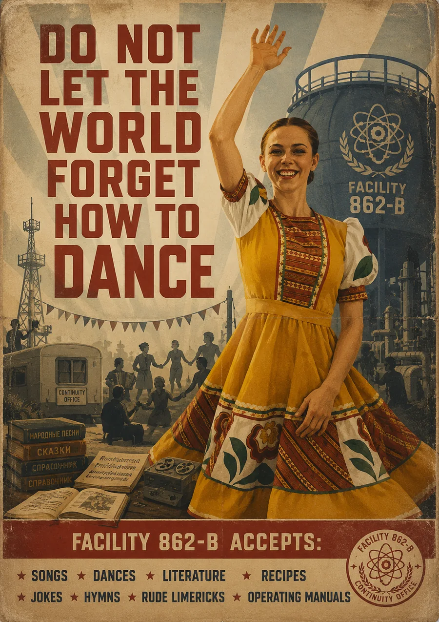 Poster: Do Not Let The World Forget How To Dance, showing a woman in embroidered dress waving, with a list of what the facility accepts along the bottom.