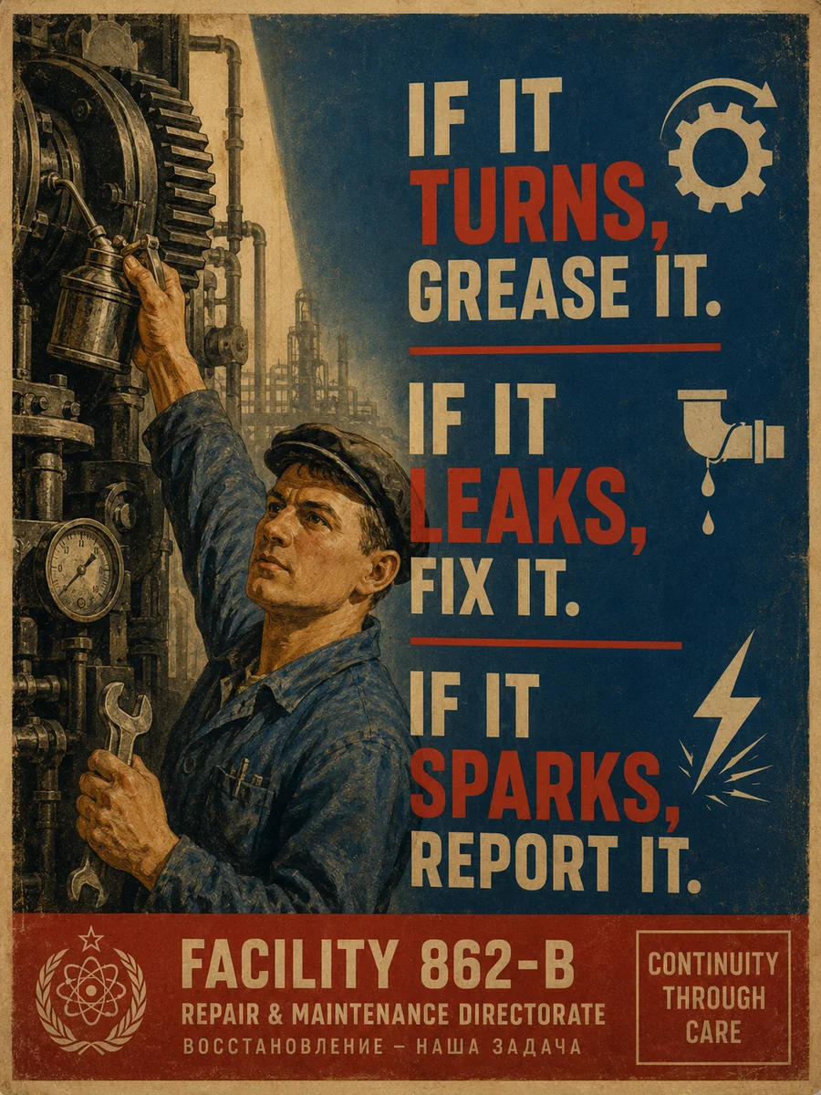 Poster: a maintenance worker oiling a machine, beside three rules: if it turns grease it, if it leaks fix it, if it sparks report it.