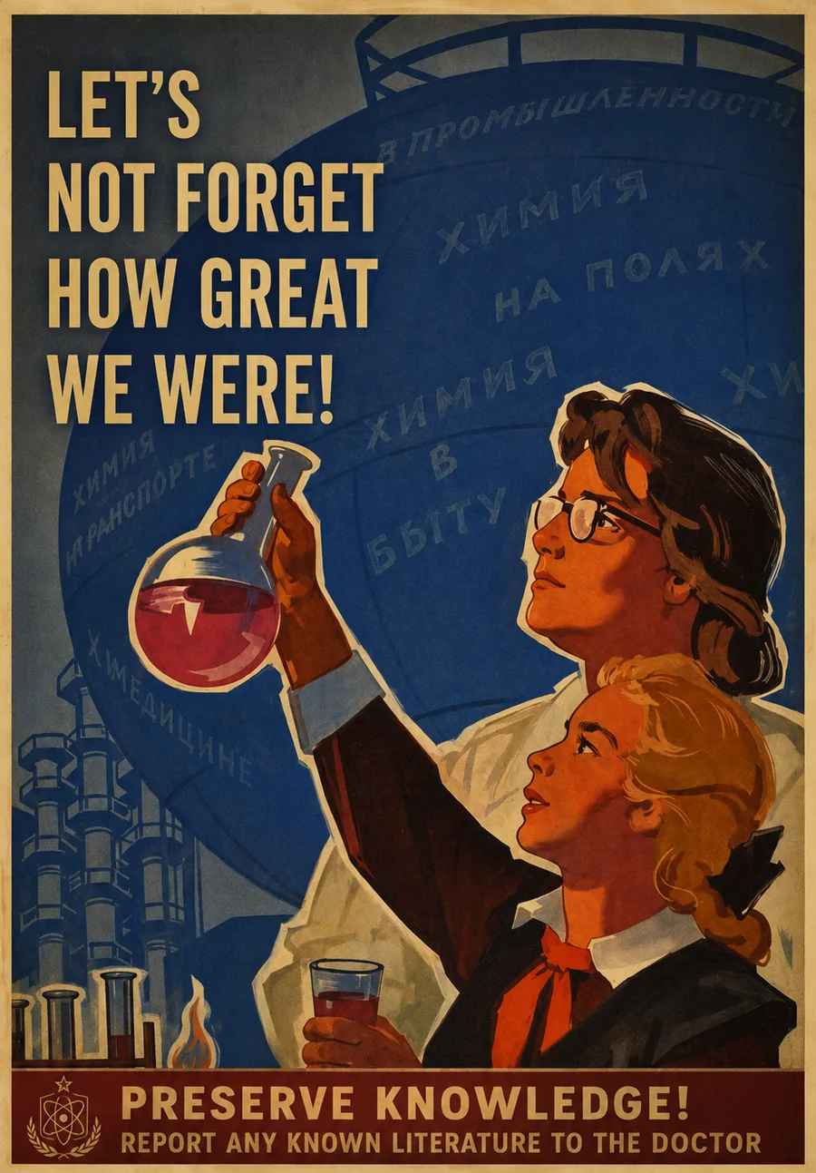 Poster: Let's Not Forget How Great We Were, showing two chemists holding a flask, over Cyrillic lettering.