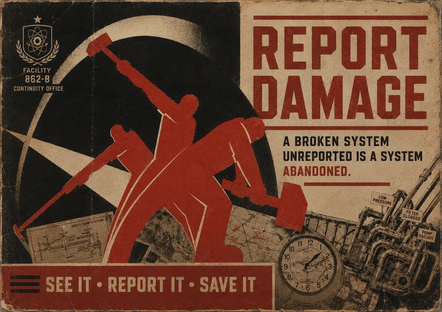 Poster: Report Damage, in black and red, showing a stylised worker striking at machinery, with fault tags and a pressure gauge.
