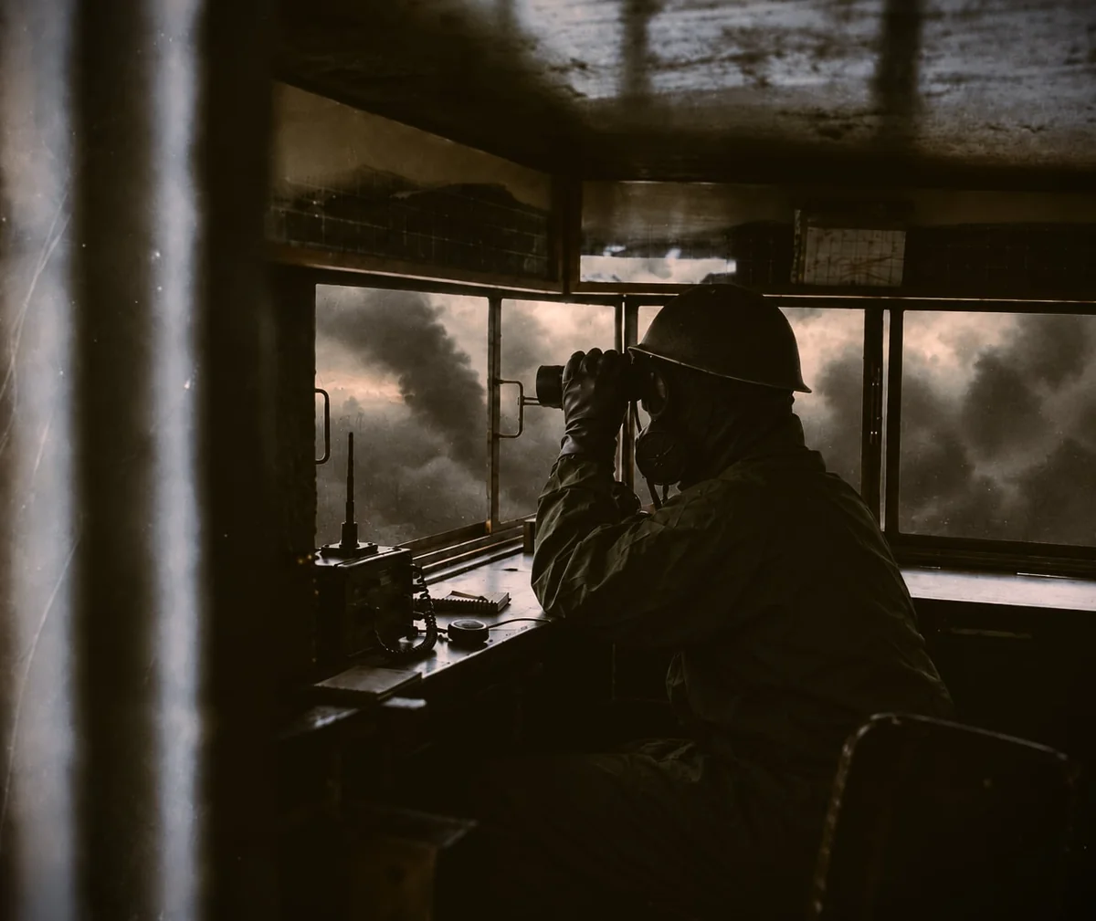 A figure in a steel helmet, respirator and gloves sits at the window of a small observation post, watching through binoculars as black smoke rises across a hazy landscape. A radio set with an aerial and a coiled handset stands on the ledge beside him.