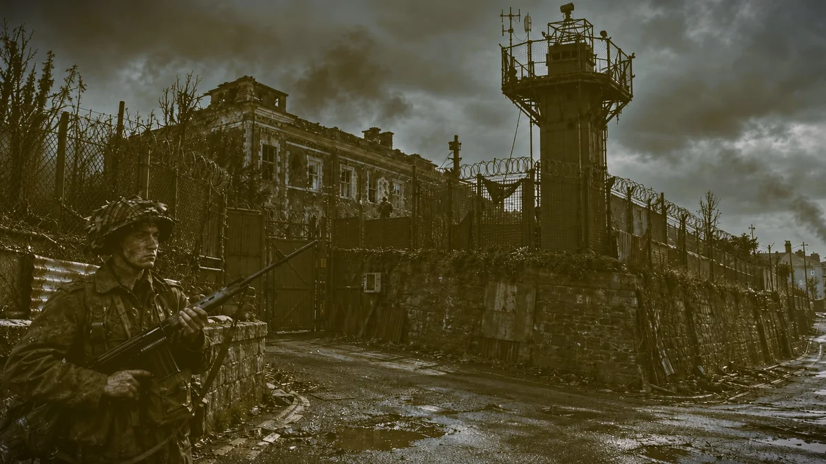 A soldier in a scrim-covered helmet and camouflage smock holds a rifle in a wet, debris-strewn lane. Behind him a large stone building with broken windows stands behind high fencing and coils of razor wire, a steel watchtower hung with aerials at the corner of the wall and a figure at an upper window.