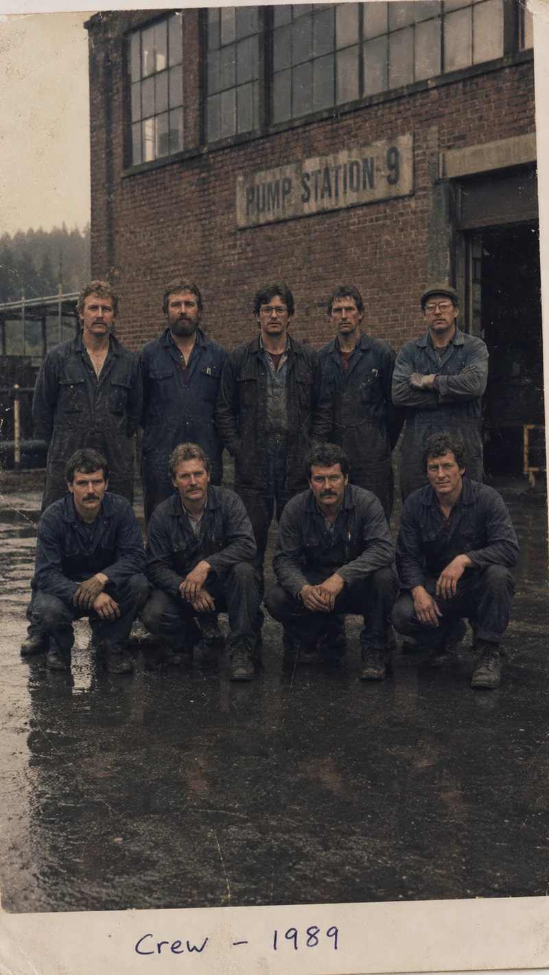 Nine men in wet overalls outside Pump Station 9, photographed in the rain. Handwritten along the bottom: Crew — 1989.