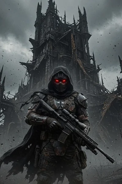 The Cŵn in hood, mask and plate carrier, rifle held across him, standing before a blackened tower of broken spires under a heavy sky.