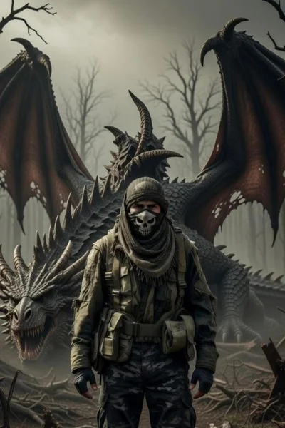 The Cŵn in scarf and skull mask, standing in dead forest.